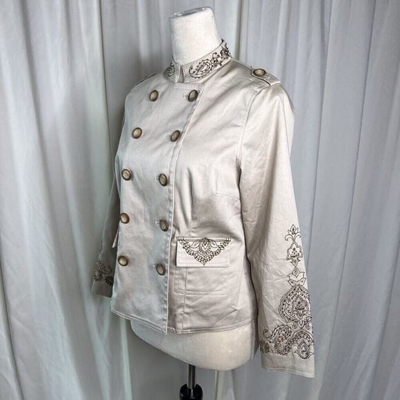 Pursuits Ltd. Beaded Military Jacket Beige Women's 6P Bohemian Double Breasted - Picture 9 of 11